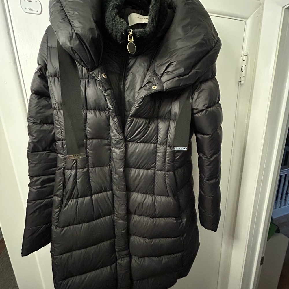 Tahari Dark Puffer Coat with Oversized Collar